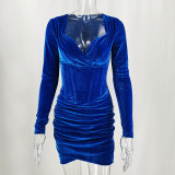 Royal Blue Velvet Ruched Details Mini Dress