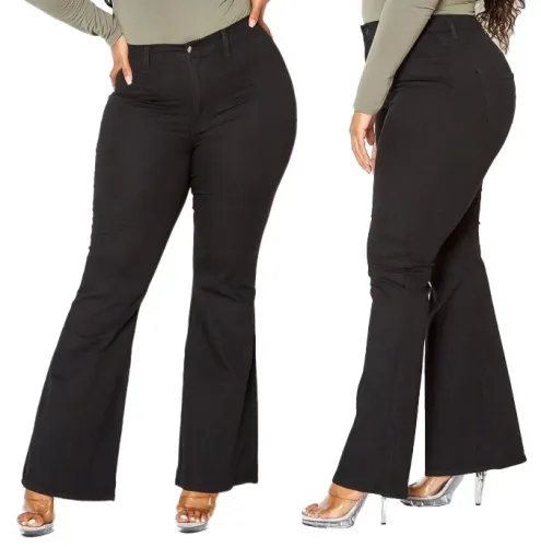 Plus Size Stylish High Waist Black Flare Jeans