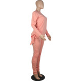 Matching Two Piece Casual Solid Tie Side Top and Ruched Pants Set