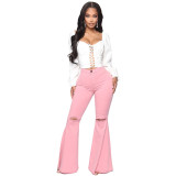 Pink High Waist Ripped Holes Bell Bottom Jeans