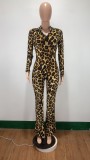 Long Sleeve Leopard Print Flare Jumpsuit