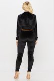 Black Velour Zipper Crop Top and Tight Pants Tracksuit