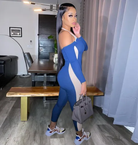 Cold Shoulder Contrast Panel Ribbed Tight Jumpsuit