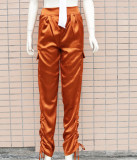 Pure Color High Waist Casual Strings Ruched Pants
