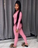 Striped V-Neck Long Sleeve Fitted Jumpsuit