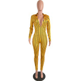 Striped V-Neck Long Sleeve Fitted Jumpsuit