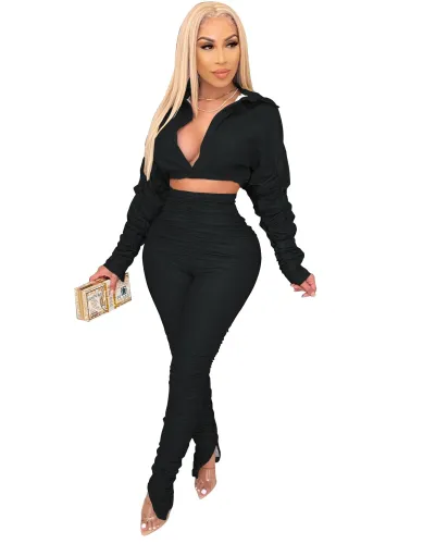 Solid PU Leather Ruched Crop Top and Slit Bottom Pants Set