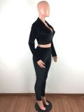 Black Velour Zipper Crop Top and Tight Pants Tracksuit