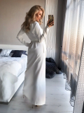 Long Sleeve White Elegant Wrapped Long Dress