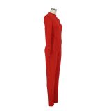 Red Sporty Fitted Long Sleeve Jumpsuit