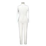White Sporty Fitted Long Sleeve Jumpsuit
