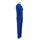 Blue Sporty Fitted Long Sleeve Jumpsuit