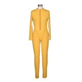 Yellow Sporty Fitted Long Sleeve Jumpsuit