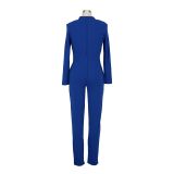 Blue Sporty Fitted Long Sleeve Jumpsuit