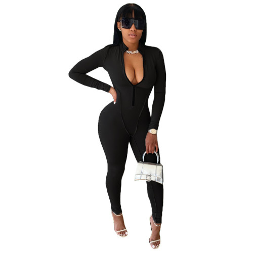 Black Sporty Fitted Long Sleeve Jumpsuit