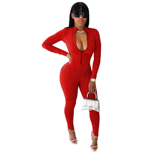 Red Sporty Fitted Long Sleeve Jumpsuit