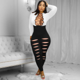Lace Up Contrast Sexy Ripped Jumpsuit