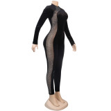 Black Mesh Panel Bodycon Jumpsuit with Silver Rhinestone