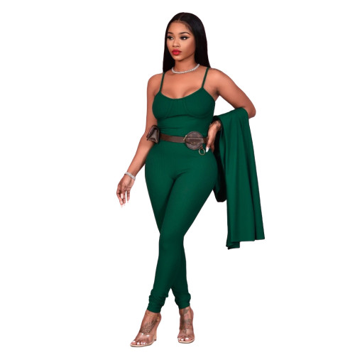 Solid Tight Cami Jumpsuit and Cardigan Two Piece Set