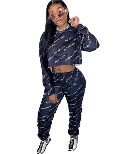 Letter Print Crop Top and Pants Matching Two Piece Set