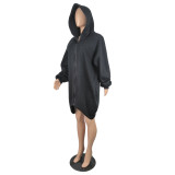 Leisure Loose Black Zip Up Hooded Dress