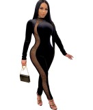 Black Mesh Panel Bodycon Jumpsuit with Gold Rhinestone