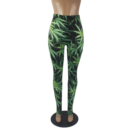 Leaf Green Print Tight Leggings
