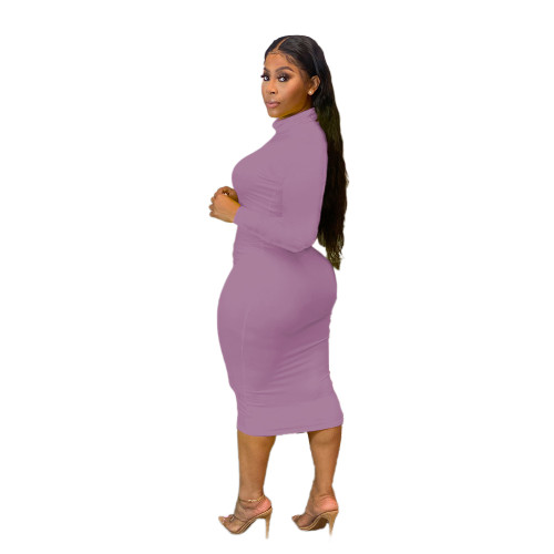 Solid Turtleneck Long Sleeve Curvy Midi Dress