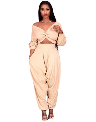 Solid Twist Leisure Two Piece Crop Top and Pants Set