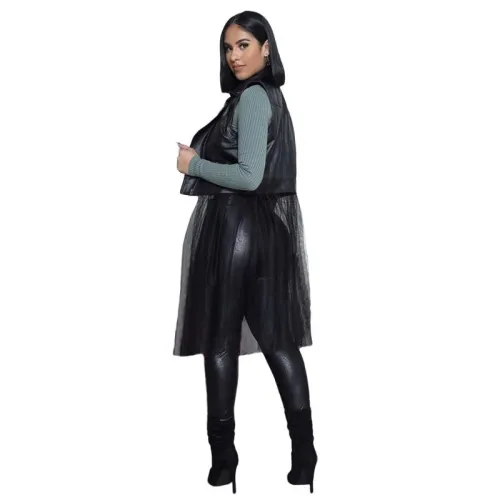 Black PU Leather Mesh Patchwork Sleeveless Vest Jacket