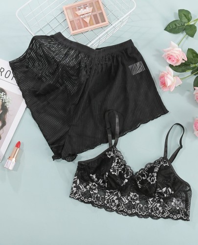 Sexy Black Lace Bra and Shorts 2pcs Lingerie Set
