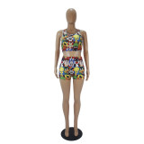 Cartoon Print Cropped Tank and Shorts Set