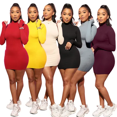 Plain Color High Neck Fitted Mini Dress
