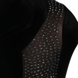 Black Mesh Panel Bodycon Jumpsuit with Silver Rhinestone