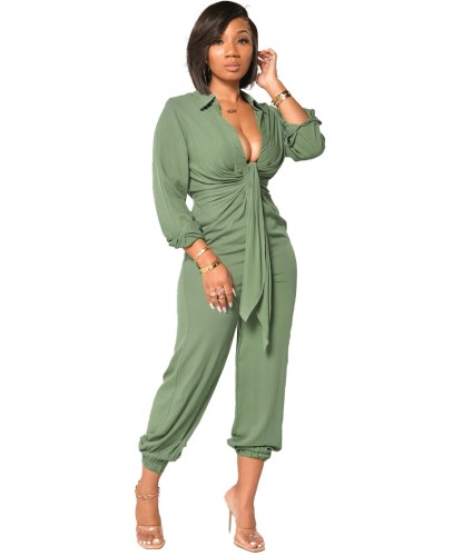 Pure Solid Leisure Deep-V Tie Front Jumpsuit