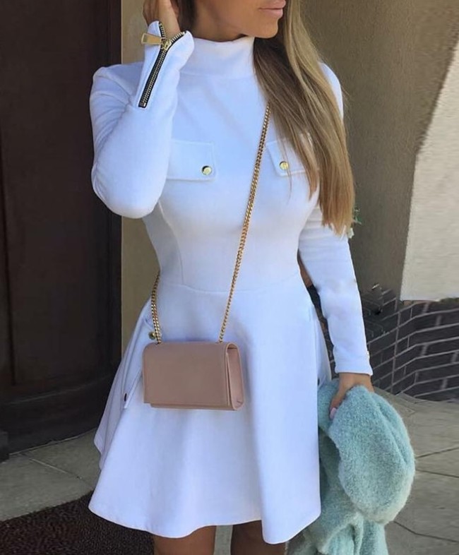 White Turtleneck Long Sleeve Zipper Skater Dress