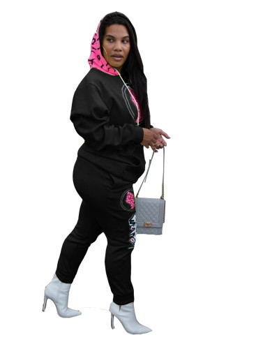 Print Front Pocket Sweatsuit with Hood