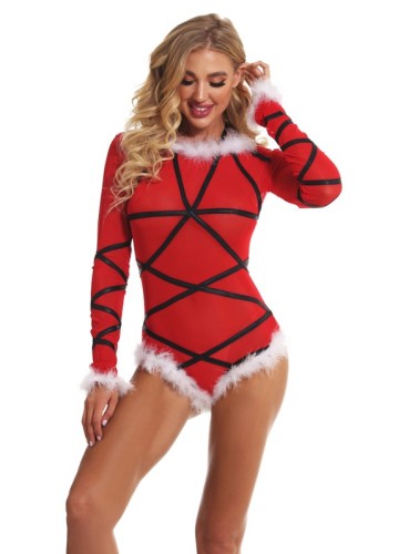 Christmas Sexy Fur Trim Bodysuit