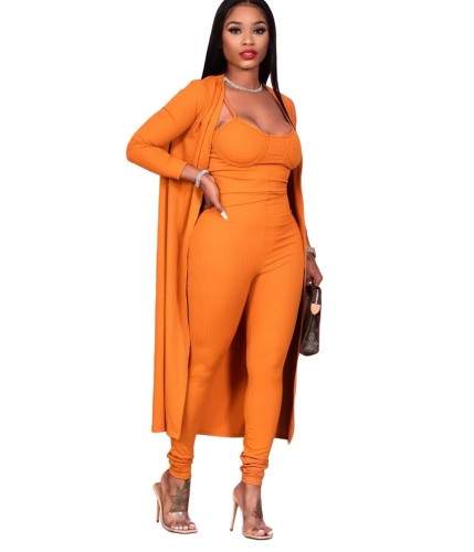 Solid Tight Cami Jumpsuit and Cardigan Two Piece Set