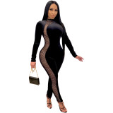 Black Mesh Panel Bodycon Jumpsuit with Silver Rhinestone