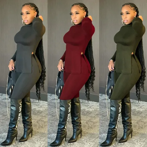Solid Mock Neck Slit Sides Top and Tight Pants Set