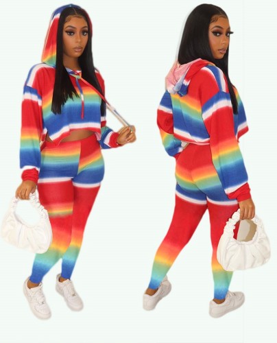 Rainbow Striped Hoodie and Pants Two Piece Set