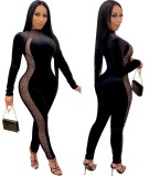 Black Mesh Panel Bodycon Jumpsuit with Silver Rhinestone