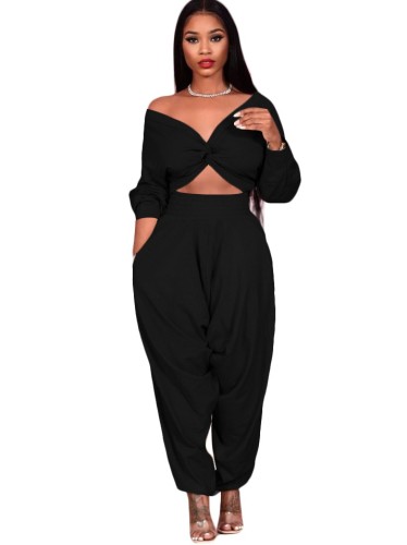 Solid Twist Leisure Two Piece Crop Top and Pants Set