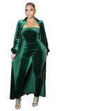 Velvet Solid Bodycon Jumpsuit with Matching Cardigan