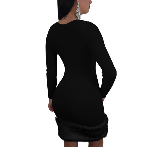 Black Fur Trim Long Sleeve Sexy Mini Dress