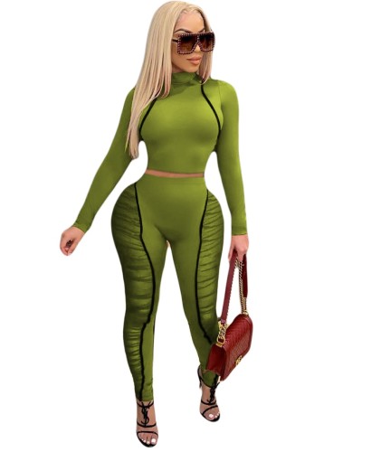 Sexy Long Sleeve Crop Top and Mesh Panel Pants Set