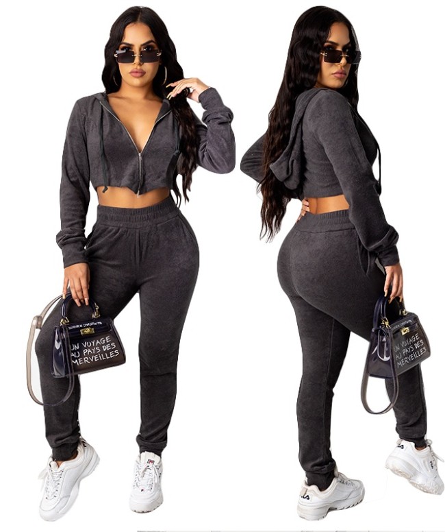 Pure Solid Zipper Crop Top and Pants Two Piece Set