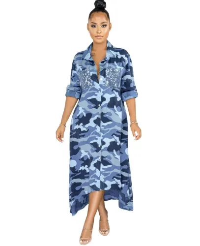 Camo Print Long Shirt Dress with Sequin Details