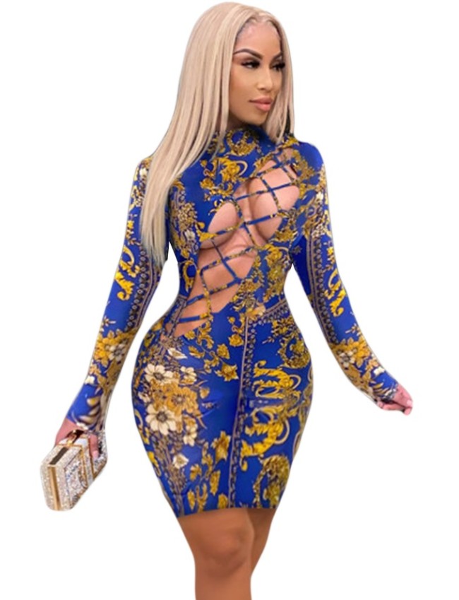 Sexy Lace Up Print Blue Bodycon Dress